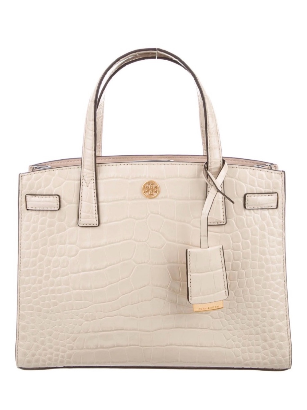 Tory Burch Walker Croc-Embossed Leather Tote with Gold Logo | Cream